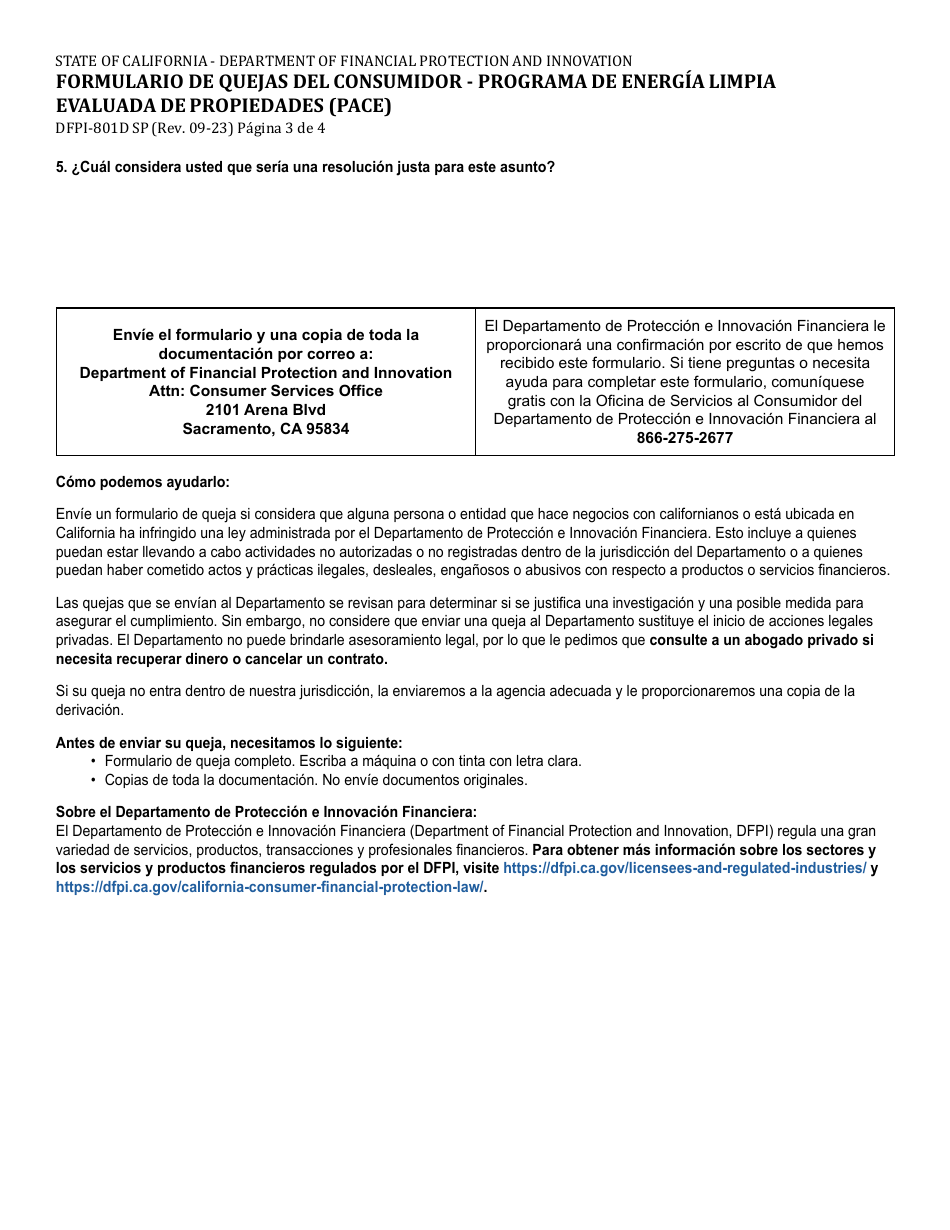 Formulario DFPI-801D Formulario De Quejas Del Consumidor - Programa De Energia Limpia Evaluada De Propiedades (Pace) - California (Spanish), Page 3