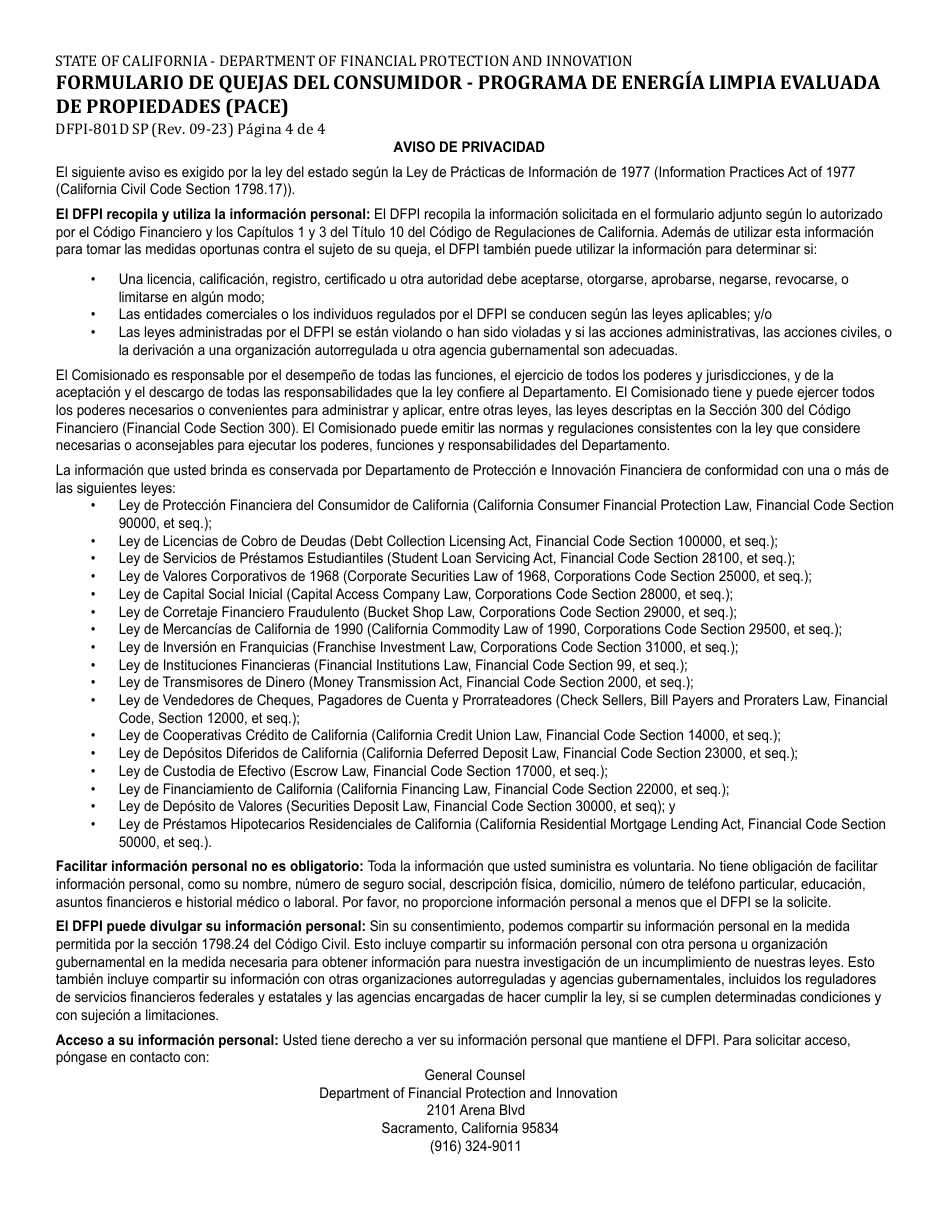 Formulario DFPI-801D Formulario De Quejas Del Consumidor - Programa De Energia Limpia Evaluada De Propiedades (Pace) - California (Spanish), Page 4