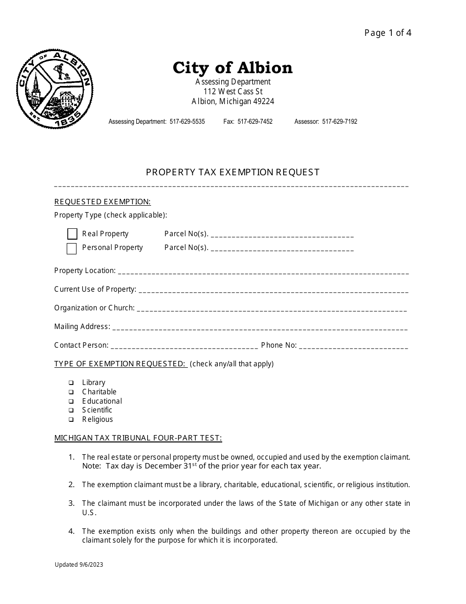 City of Albion, Michigan Property Tax Exemption Request Fill Out