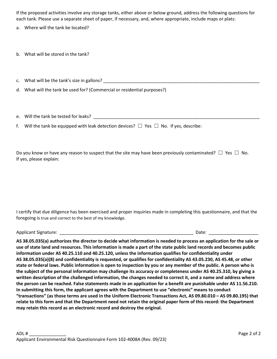 Form 102-4008A Applicant Environmental Risk Questionnaire - Alaska, Page 2