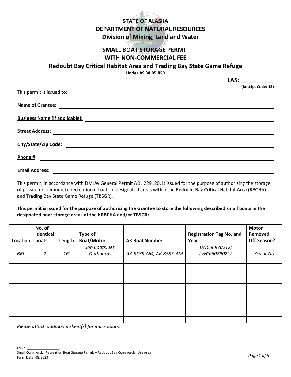 Small Boat Storage Permit With Non-commercial Fee - Redoubt Bay Critical Habitat Area and Trading Bay State Game Refuge - Alaska, Page 1