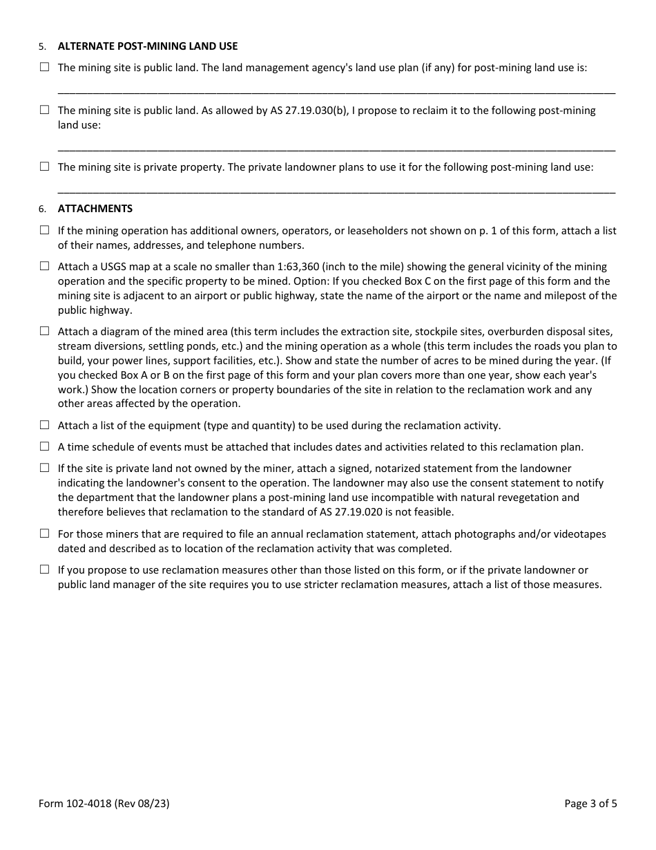 Form 102-4018 Material Site Reclamation Plan or Letter of Intent / Annual Reclamation Statement - Alaska, Page 3