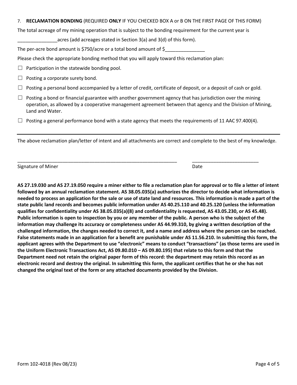 Form 102-4018 Material Site Reclamation Plan or Letter of Intent / Annual Reclamation Statement - Alaska, Page 4