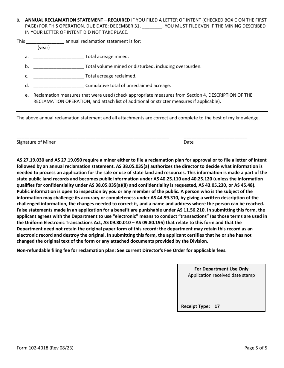 Form 102-4018 Material Site Reclamation Plan or Letter of Intent / Annual Reclamation Statement - Alaska, Page 5