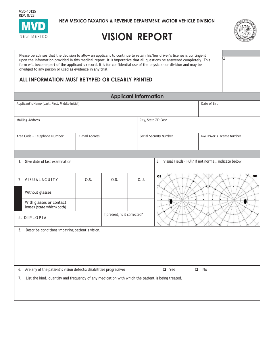 Form MVD-10125 Vision Report - New Mexico, Page 1
