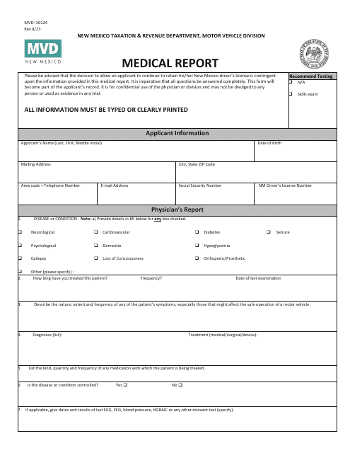 Form MVD-10124 Medical Report - New Mexico