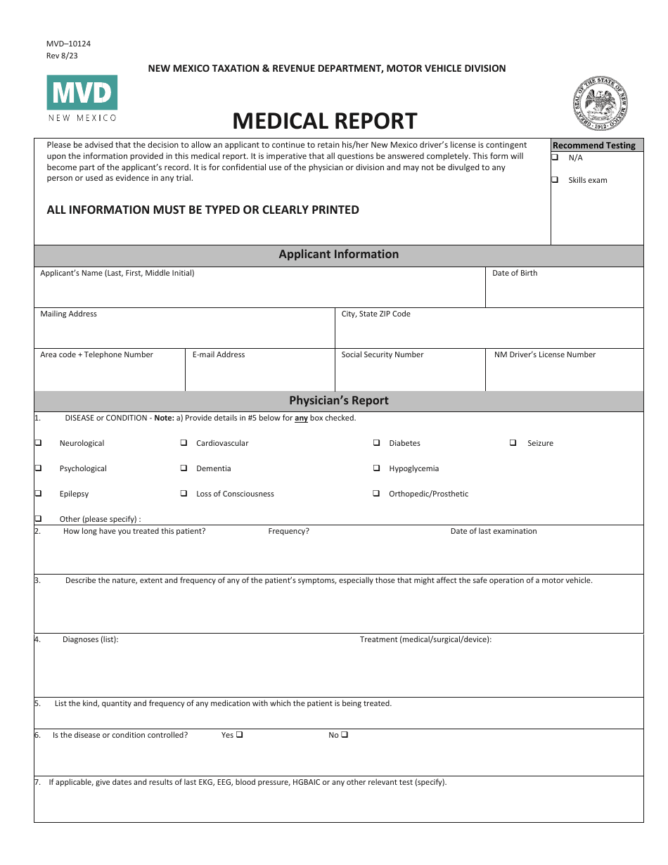 Form MVD-10124 Medical Report - New Mexico, Page 1