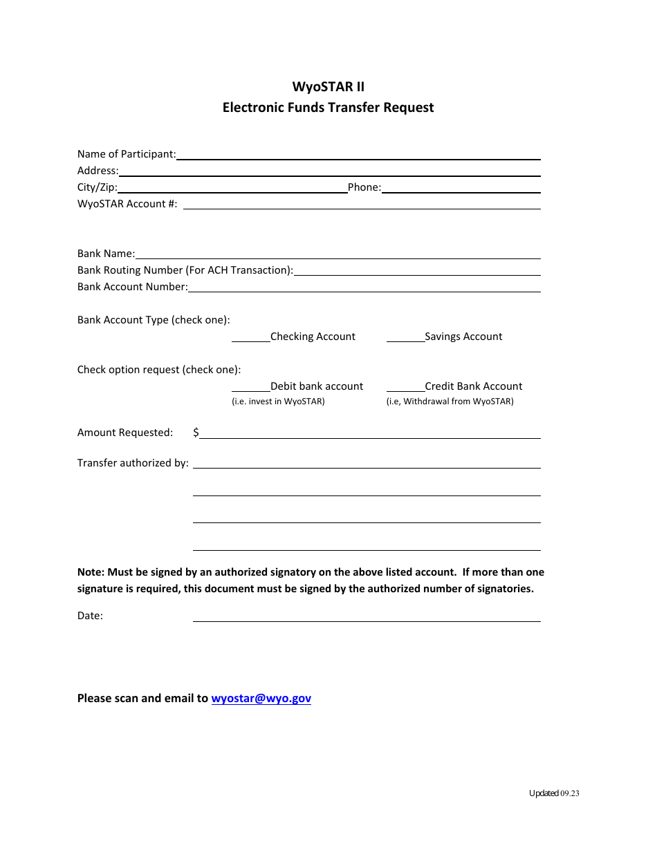 Wyoming Electronic Funds Transfer Request Wyostar Ii Fill Out, Sign
