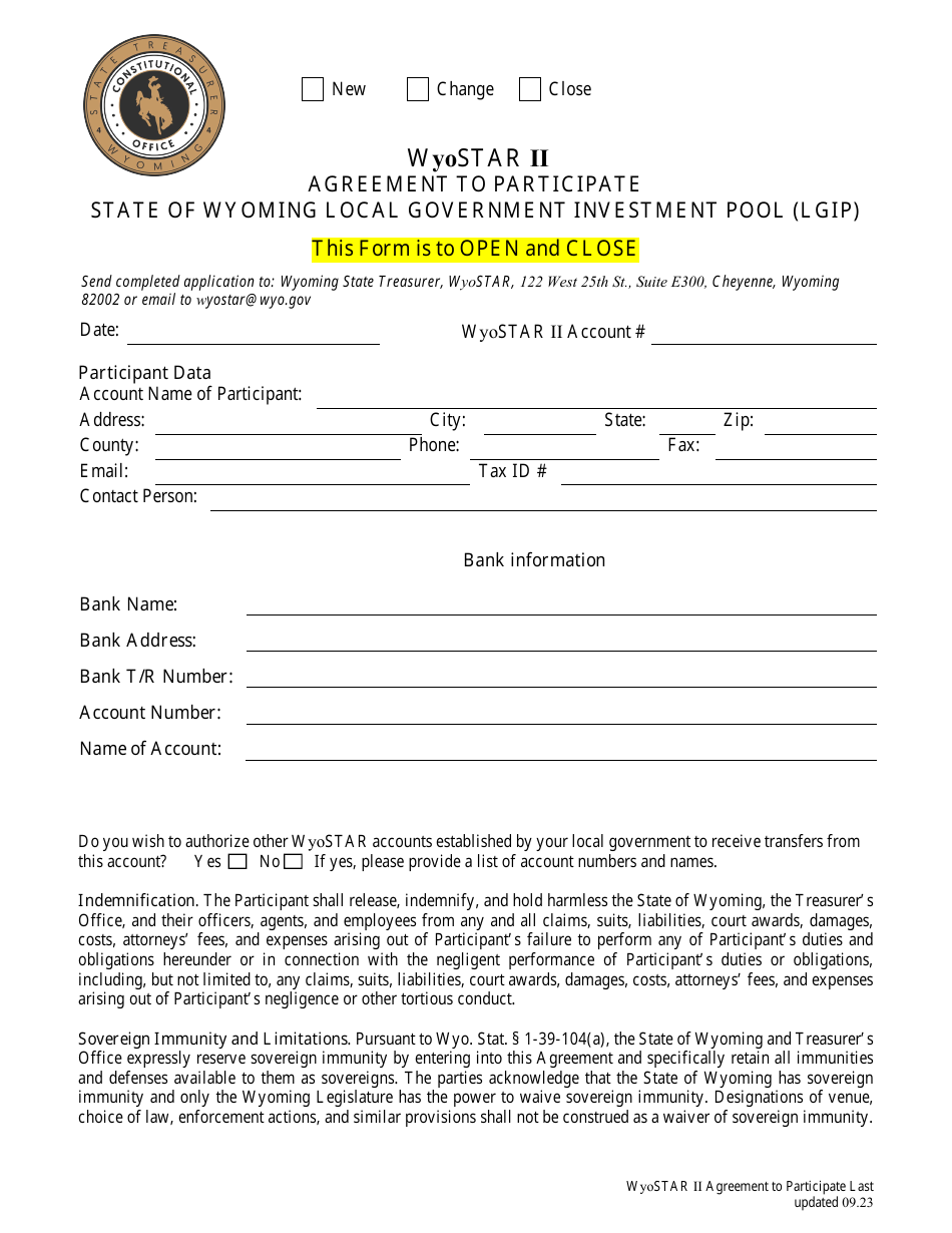 Agreement to Participate State of Wyoming Local Government Investment Pool (Lgip) - Wyostar Ii - Wyoming, Page 1
