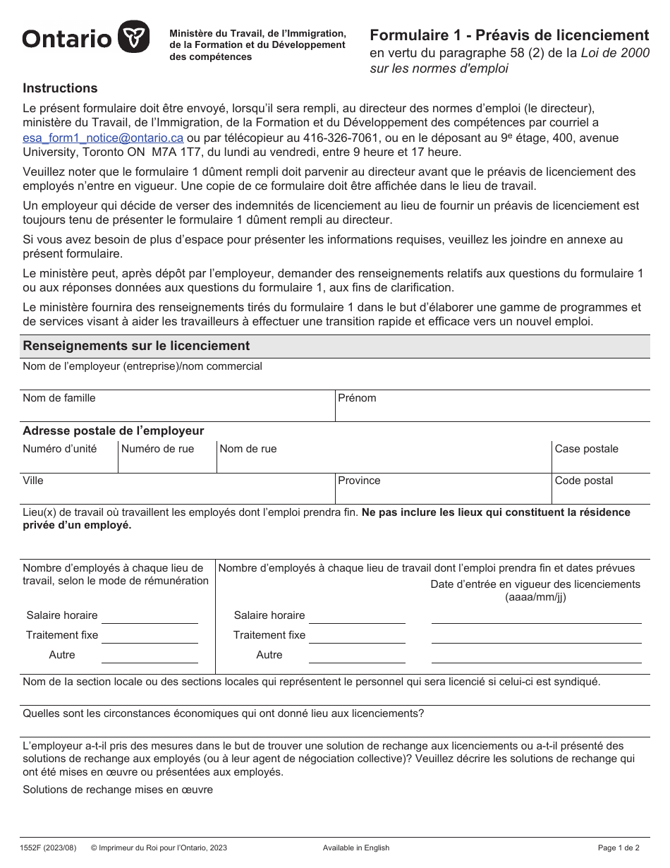 Forme 1 (1552F) Preavis De Licenciement En Vertu Du Paragraphe 58 (2) De La Loi De 2000 Sur Les Normes Demploi - Ontario, Canada (French), Page 1