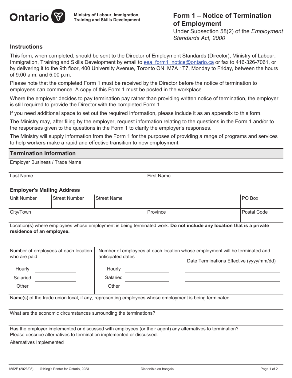 Form 1 (1552E) Notice of Termination of Employment Under Subsection 58(2) of the Employment Standards Act, 2000 - Ontario, Canada, Page 1