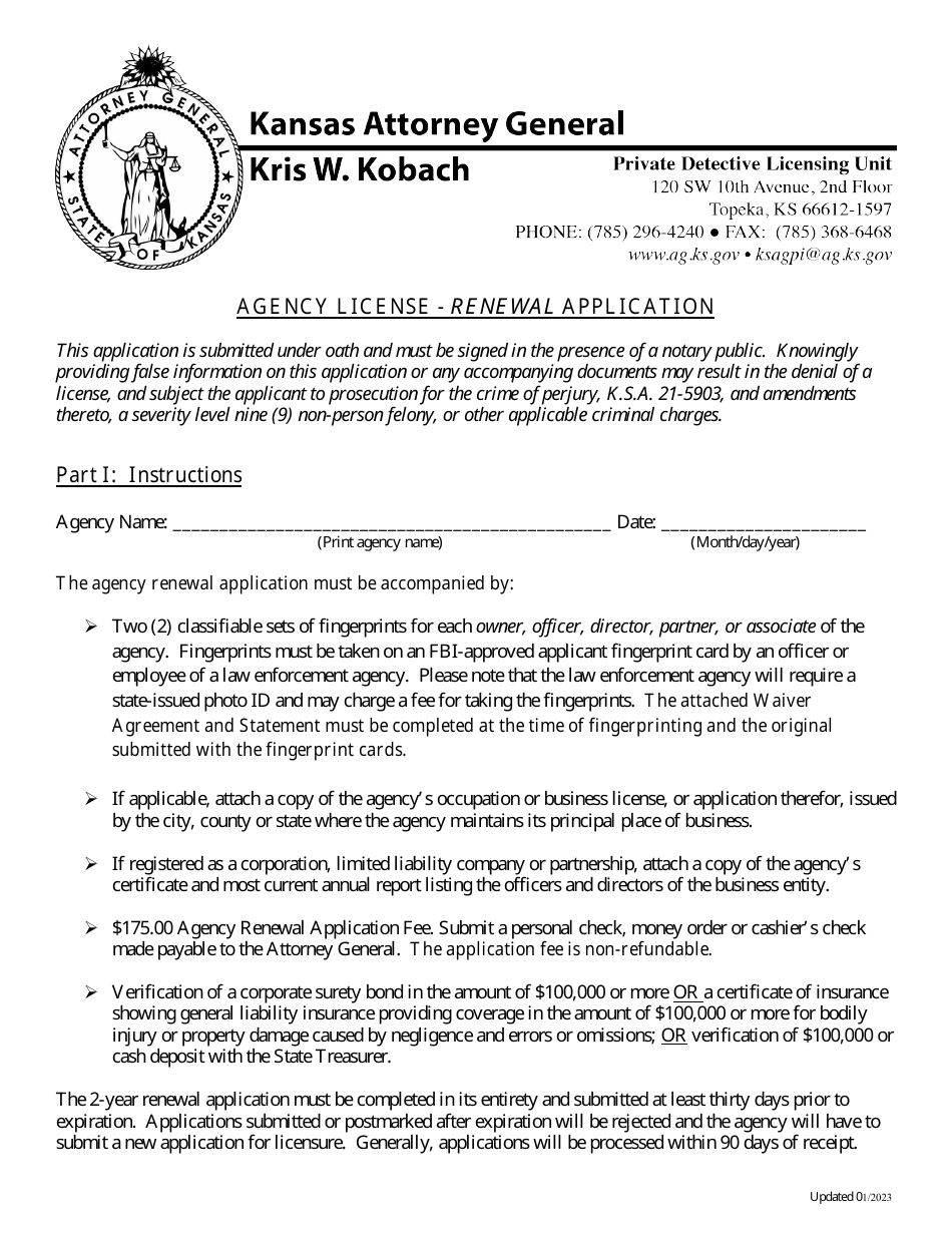 Agency License - Renewal Application - Kansas, Page 1