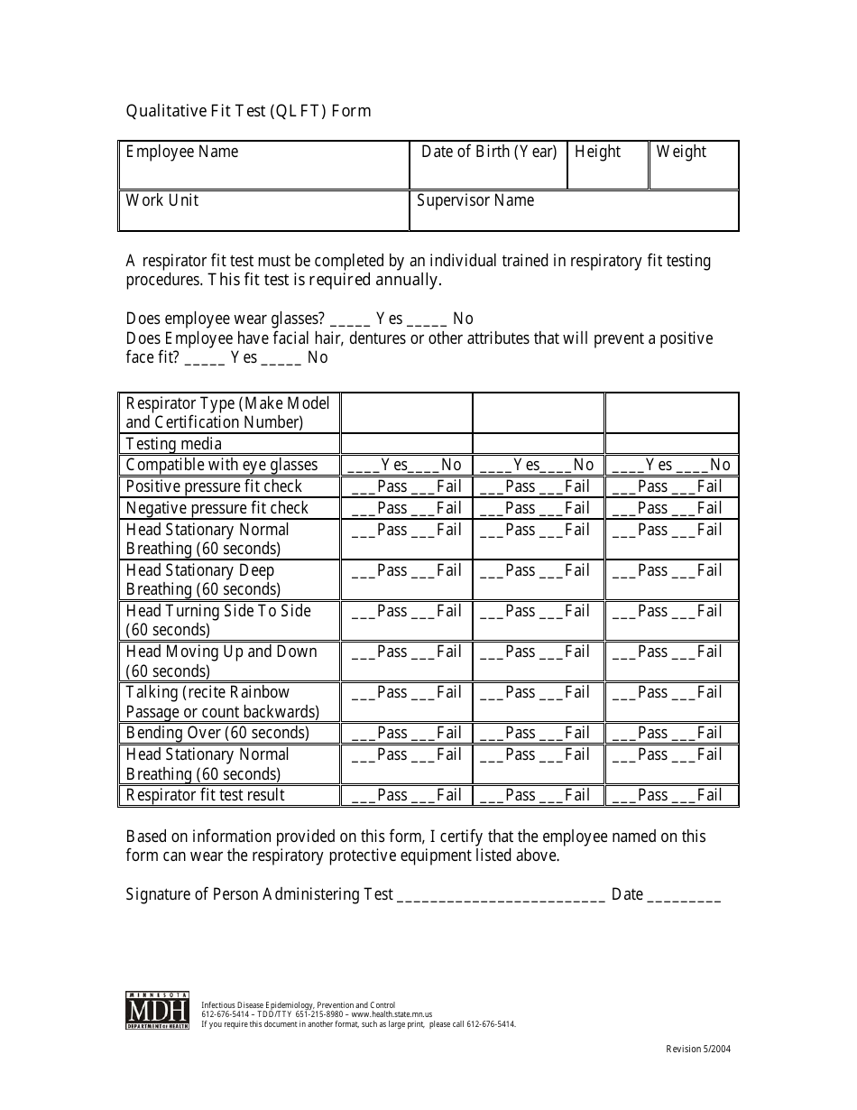 Qualitative Fit Test (Qlft) Form - Minnesota, Page 1