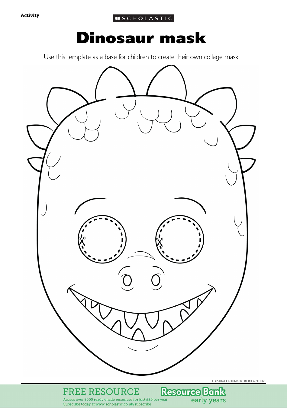 Dinosaur Mask Coloring Template, Page 1