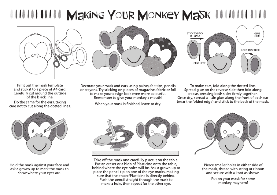 Monkey Mask Coloring Template - Black and White