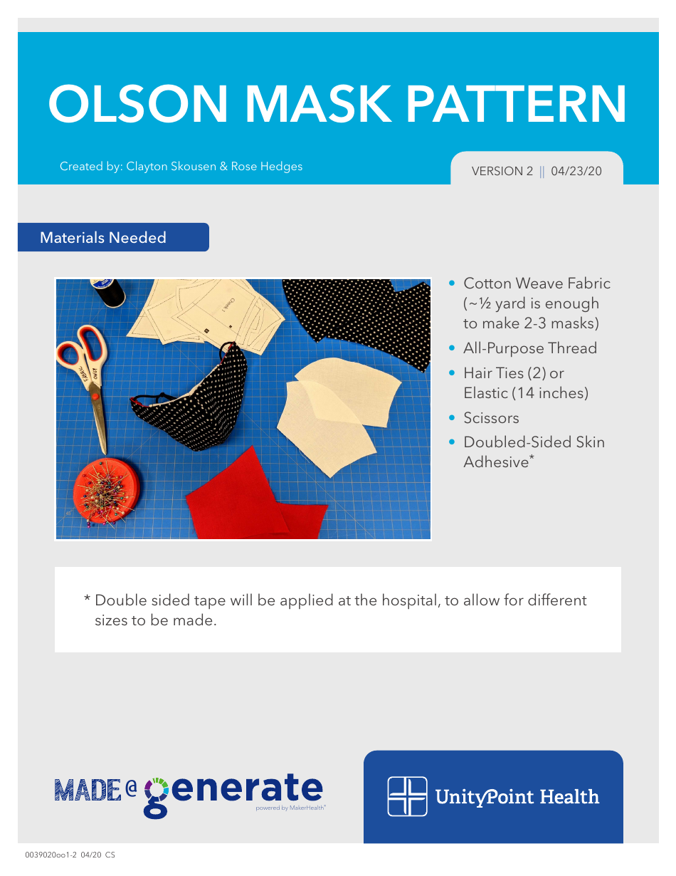 Olson Mask Sewing Pattern Template, Page 1