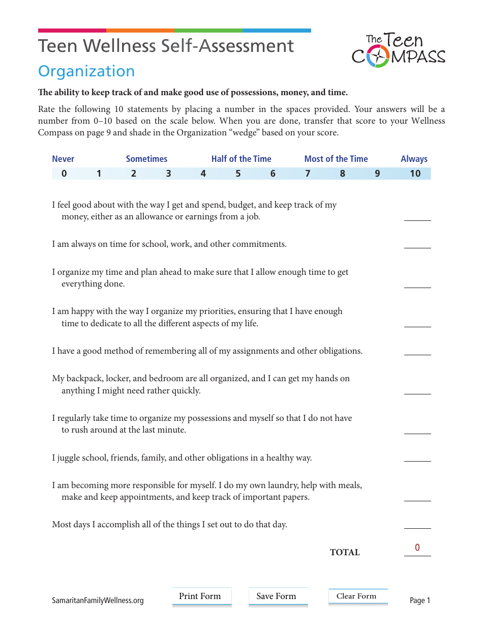 Teen Wellness Self-assessment Worksheet, Page 1