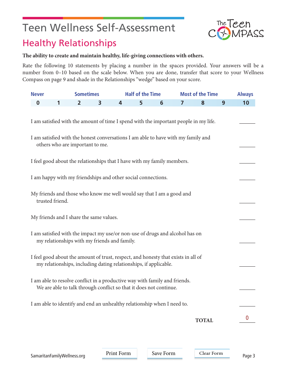 Teen Wellness Self-assessment Worksheet, Page 3
