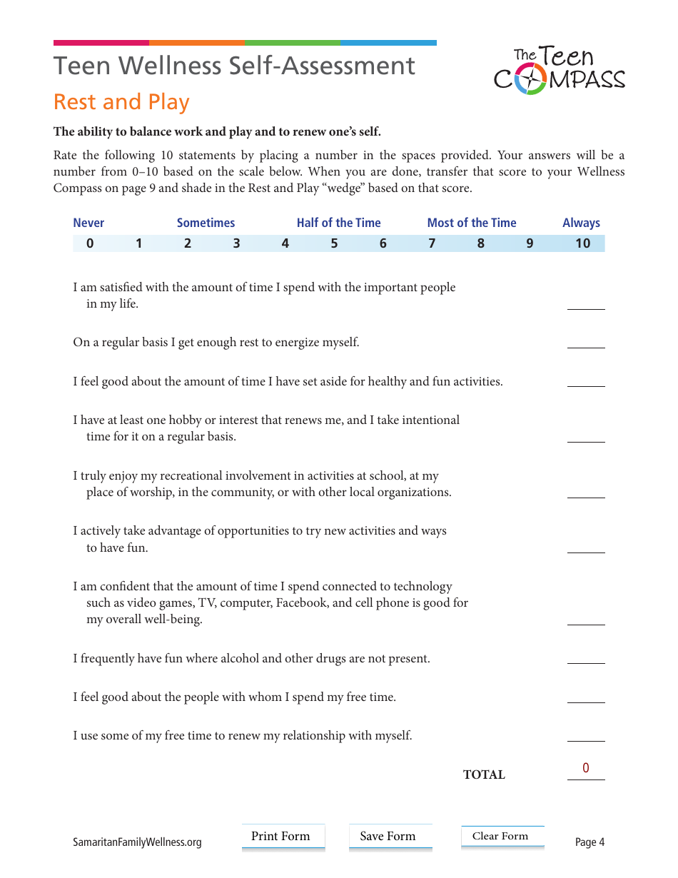 Teen Wellness Self-assessment Worksheet, Page 4