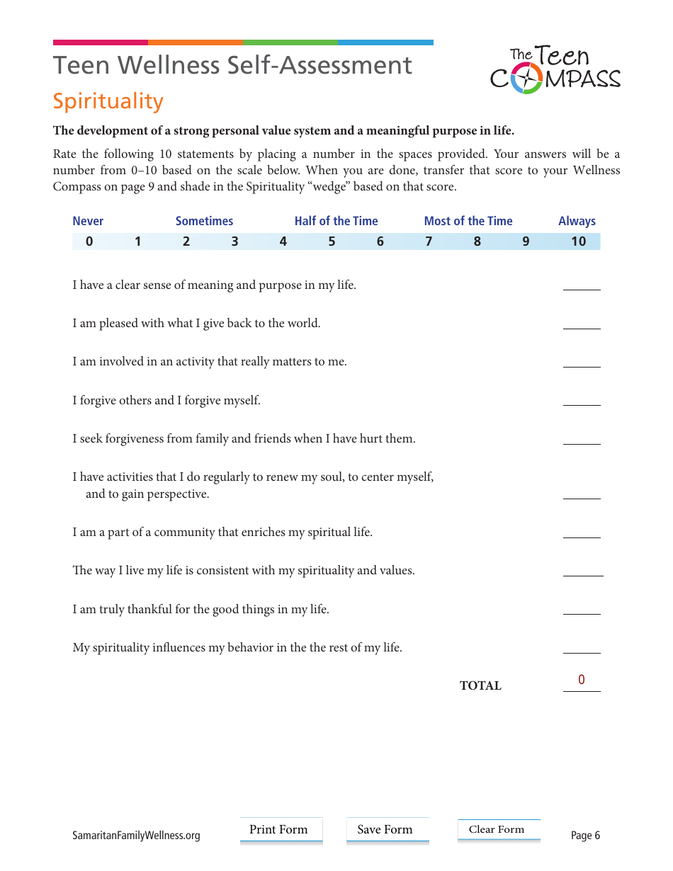 Teen Wellness Self-assessment Worksheet, Page 6