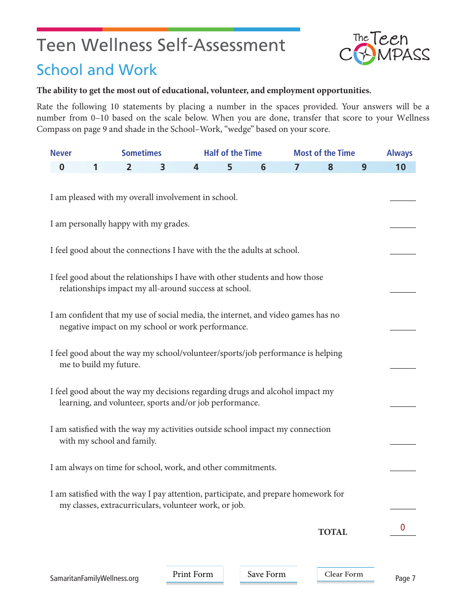 Teen Wellness Self-assessment Worksheet, Page 7