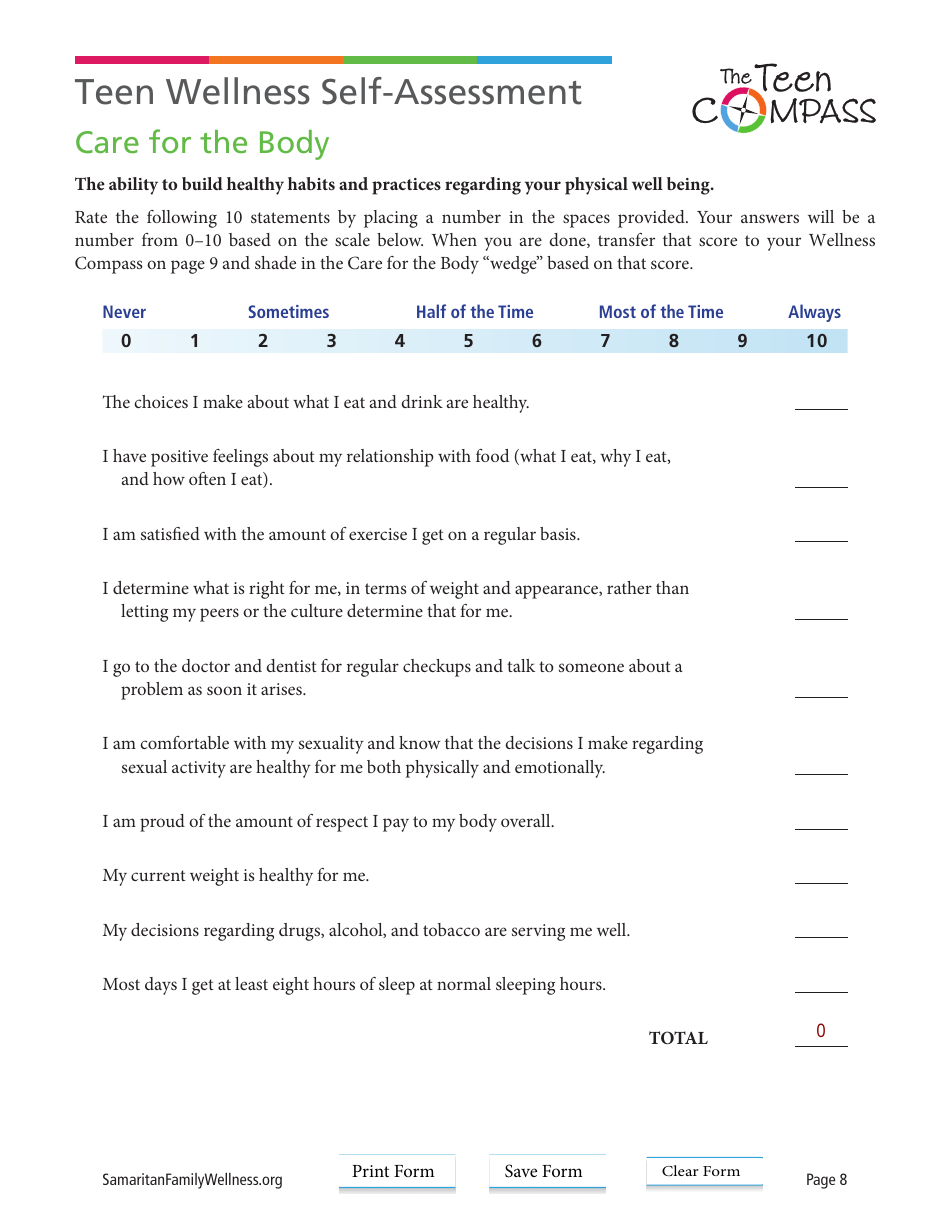 Teen Wellness Self-assessment Worksheet, Page 8