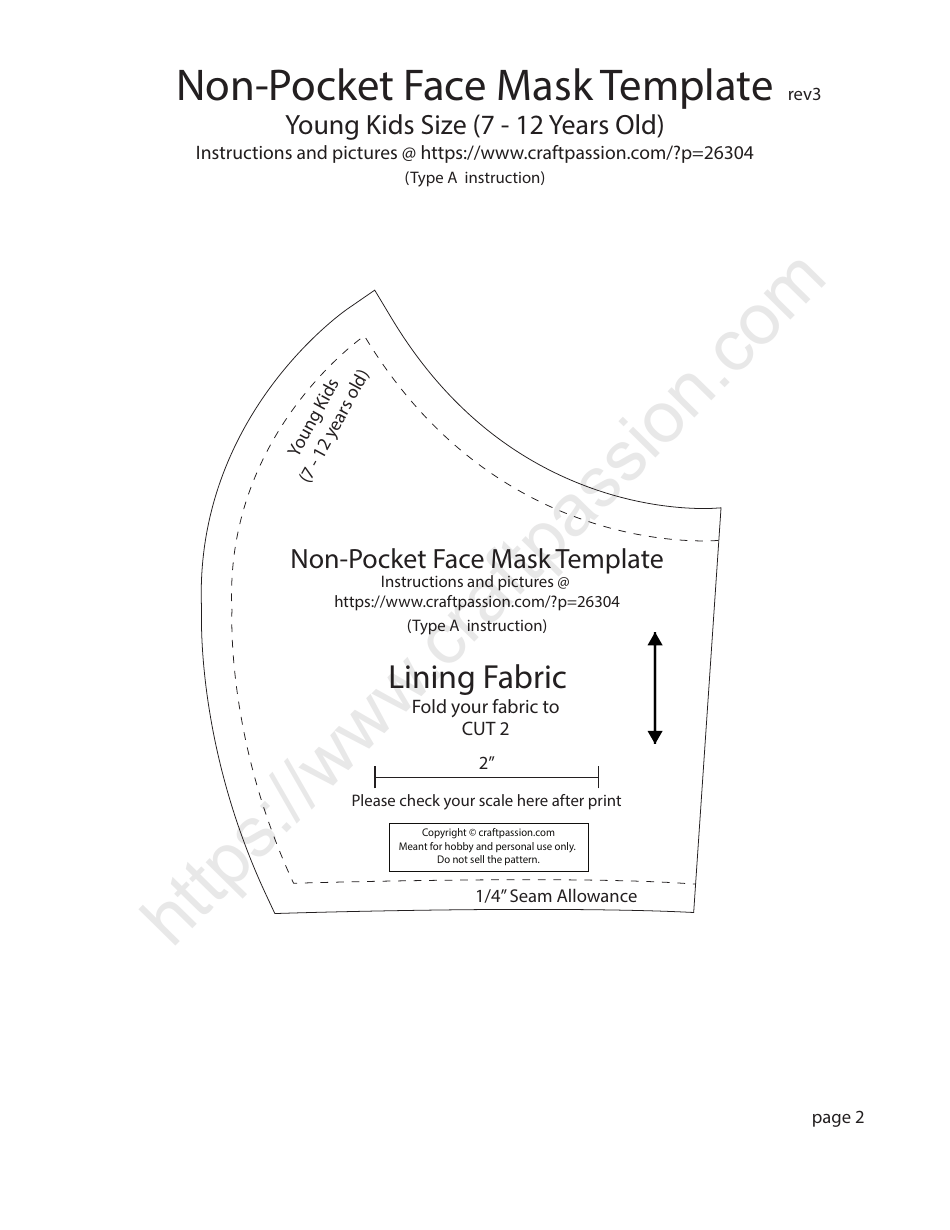 Non-pocket Face Mask Template - Young Kids Size (7 - 12 Years Old), Page 2