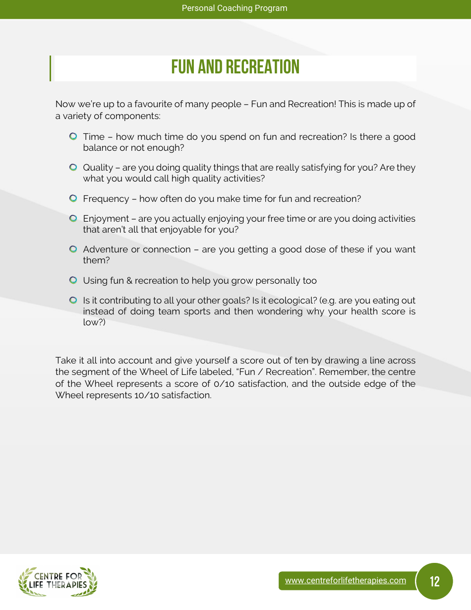 Wheel of Life Self-coaching Book, Page 12