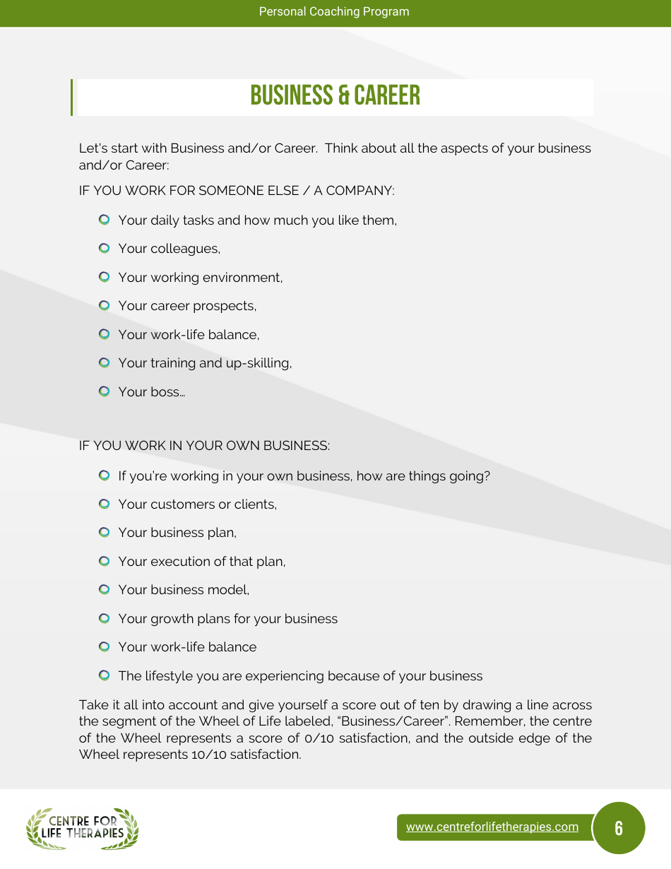 Wheel of Life Self-coaching Book, Page 6