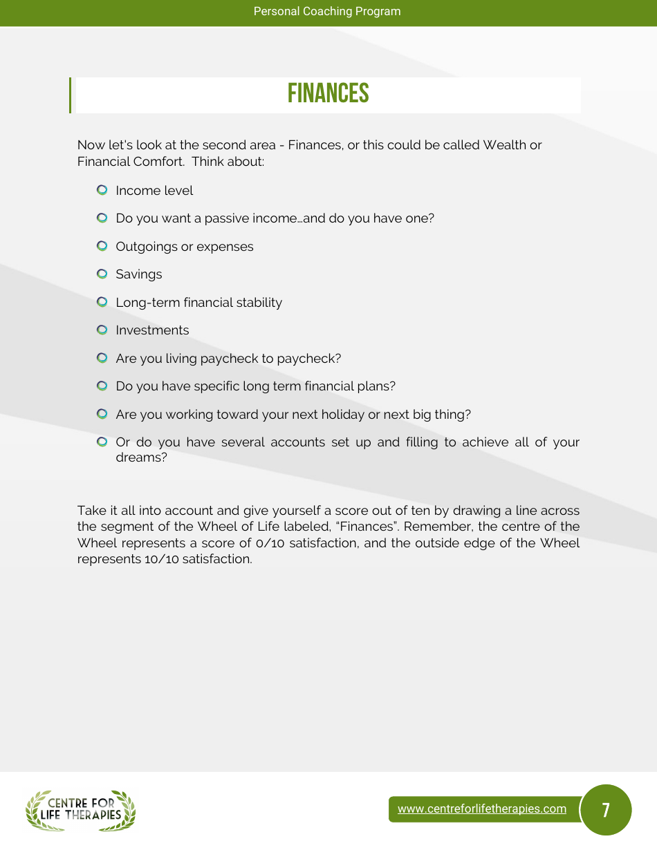 Wheel of Life Self-coaching Book, Page 7
