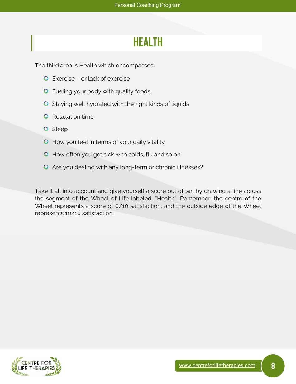 Wheel of Life Self-coaching Book, Page 8