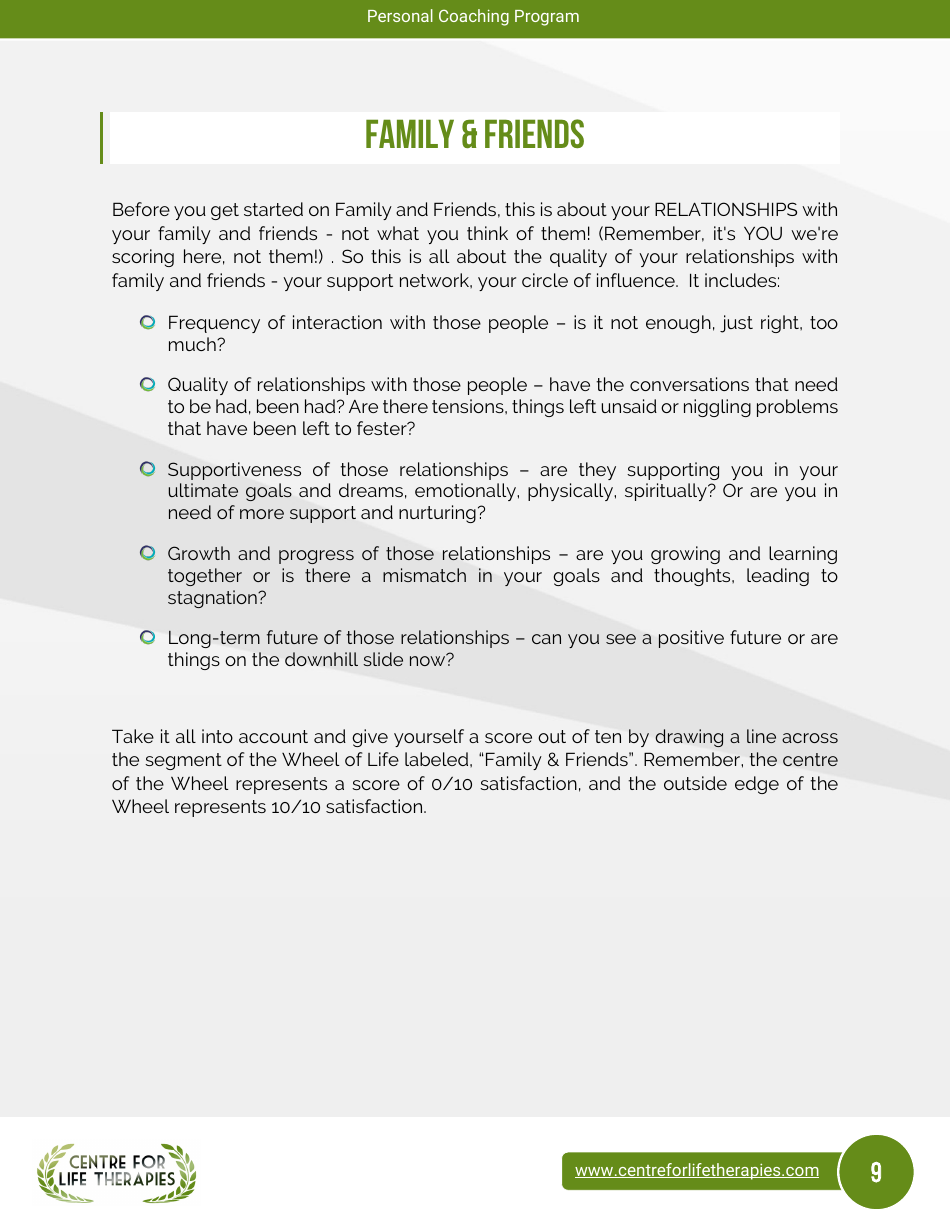 Wheel of Life Self-coaching Book, Page 9