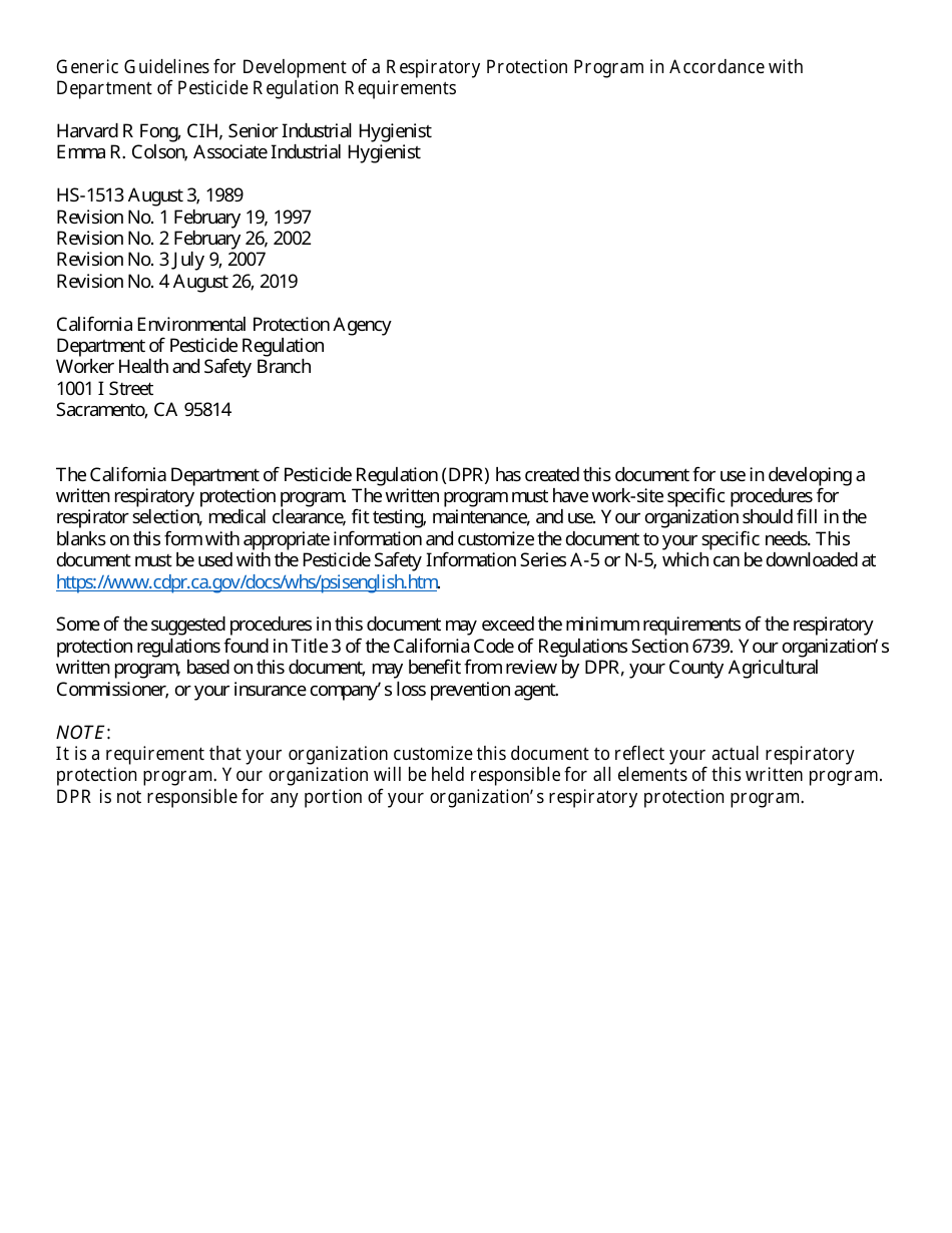 Form HS-1513 Generic Guidelines for Development of a Respiratory Protection Program in Accordance With Department of Pesticide Regulation Requirements - California, Page 1