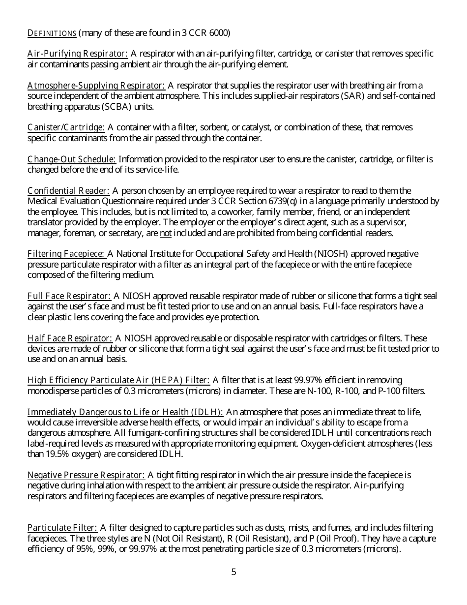 Form HS-1513 Generic Guidelines for Development of a Respiratory Protection Program in Accordance With Department of Pesticide Regulation Requirements - California, Page 5