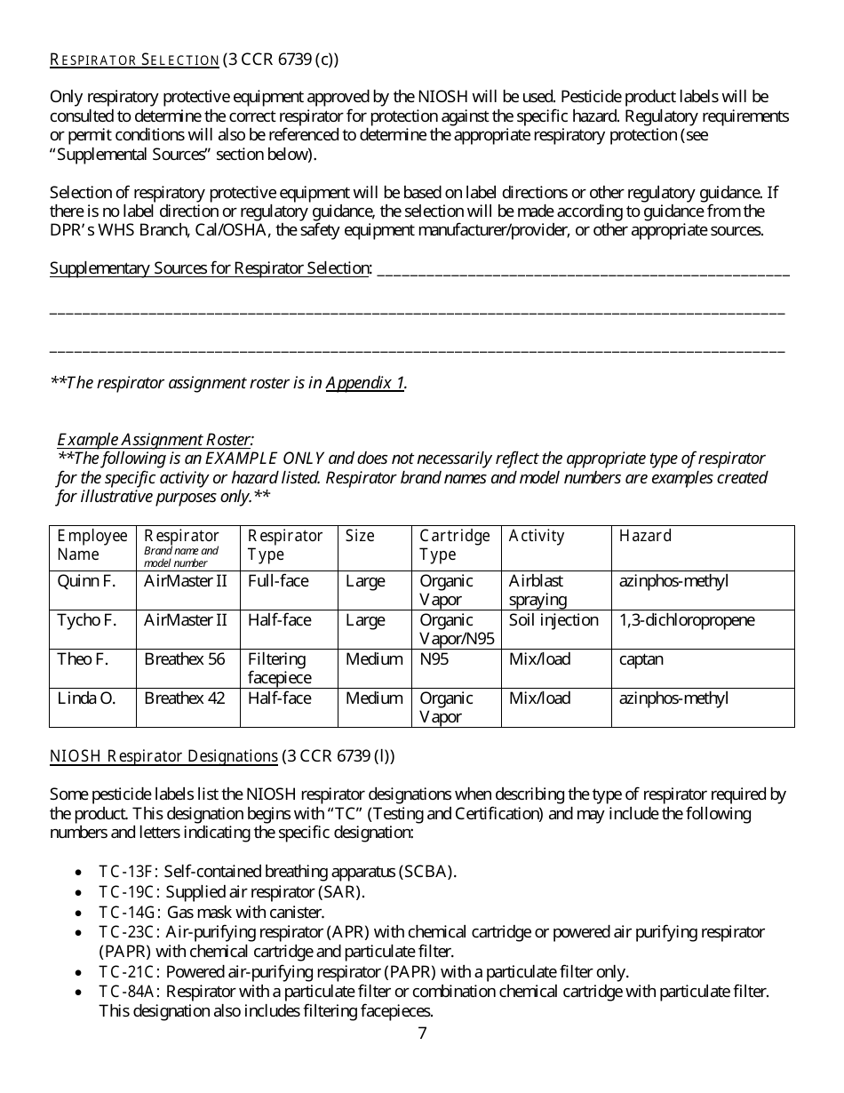 Form HS-1513 Generic Guidelines for Development of a Respiratory Protection Program in Accordance With Department of Pesticide Regulation Requirements - California, Page 7