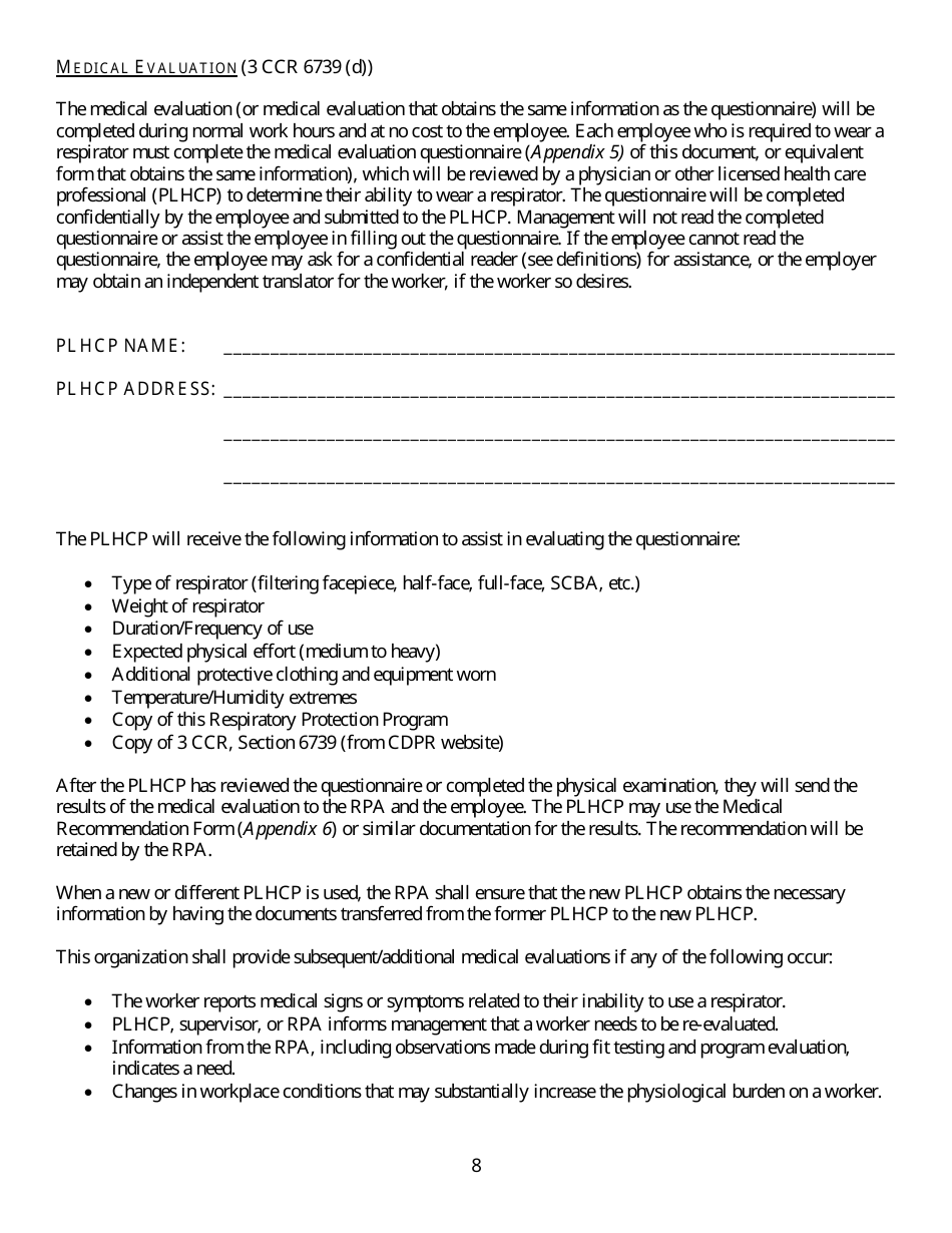 Form HS-1513 Generic Guidelines for Development of a Respiratory Protection Program in Accordance With Department of Pesticide Regulation Requirements - California, Page 8