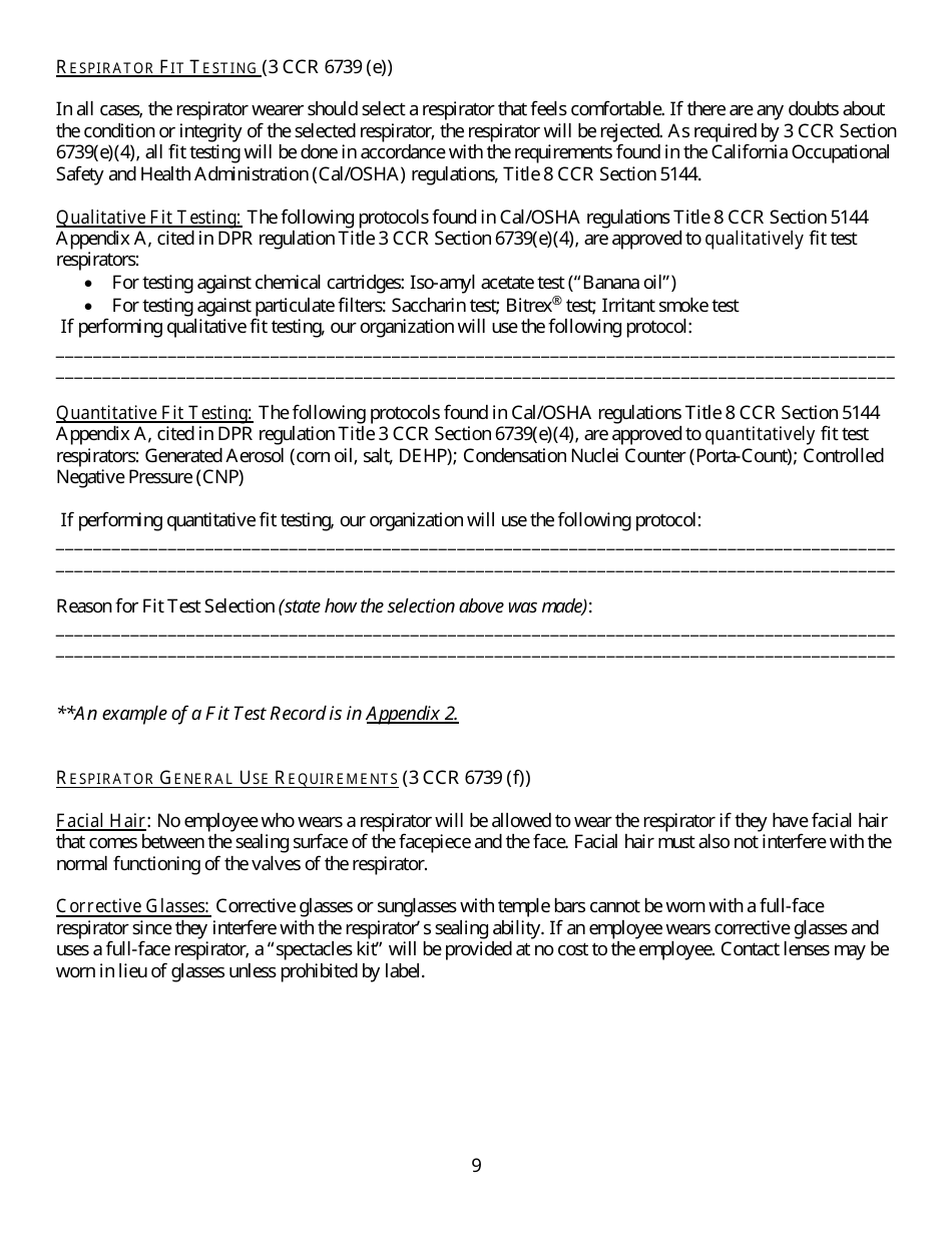Form HS-1513 Generic Guidelines for Development of a Respiratory Protection Program in Accordance With Department of Pesticide Regulation Requirements - California, Page 9