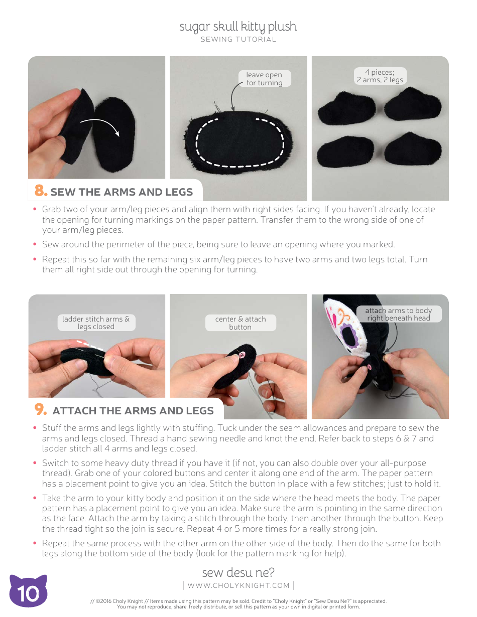 Sugar Skull Kitty Plush Sewing Pattern Templates, Page 10