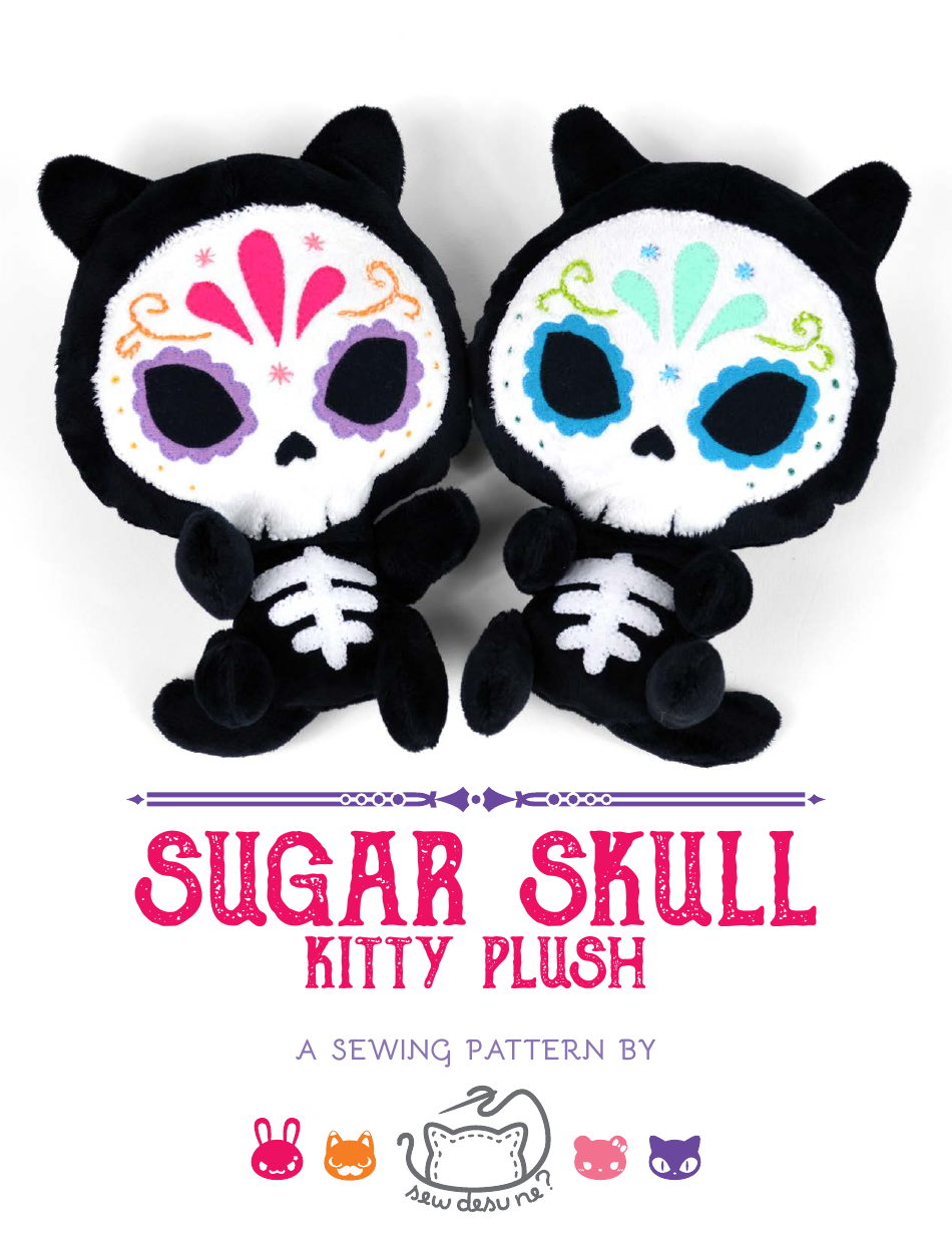 Sugar Skull Kitty plush sewing pattern template - Image preview