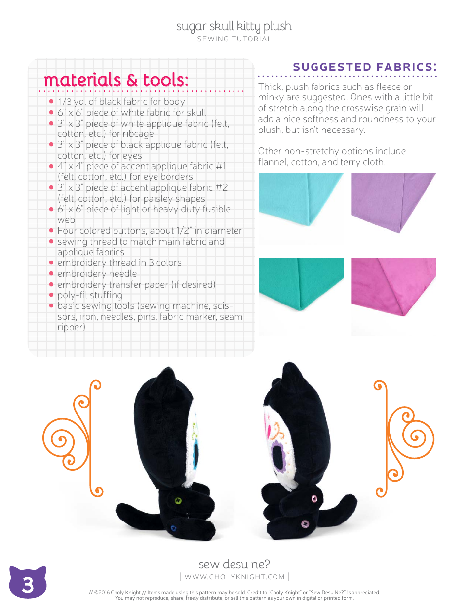 Sugar Skull Kitty Plush Sewing Pattern Templates, Page 3