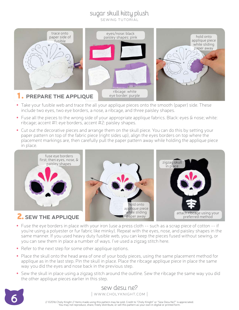 Sugar Skull Kitty Plush Sewing Pattern Templates, Page 6