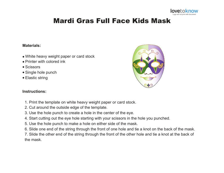 Mardi Gras Full Face Kids Mask Template, Page 1