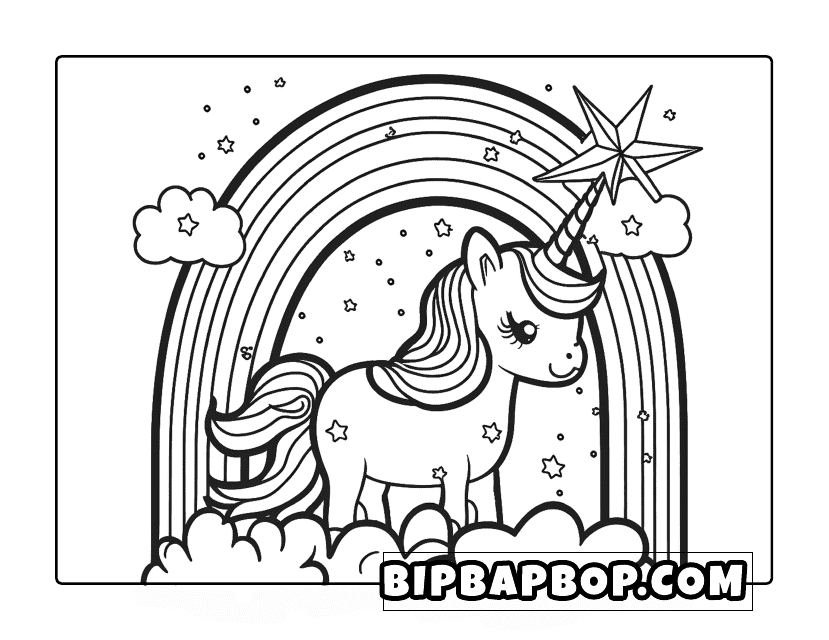 Cute Unicorn Standing by Rainbow Coloring Page Download Pdf