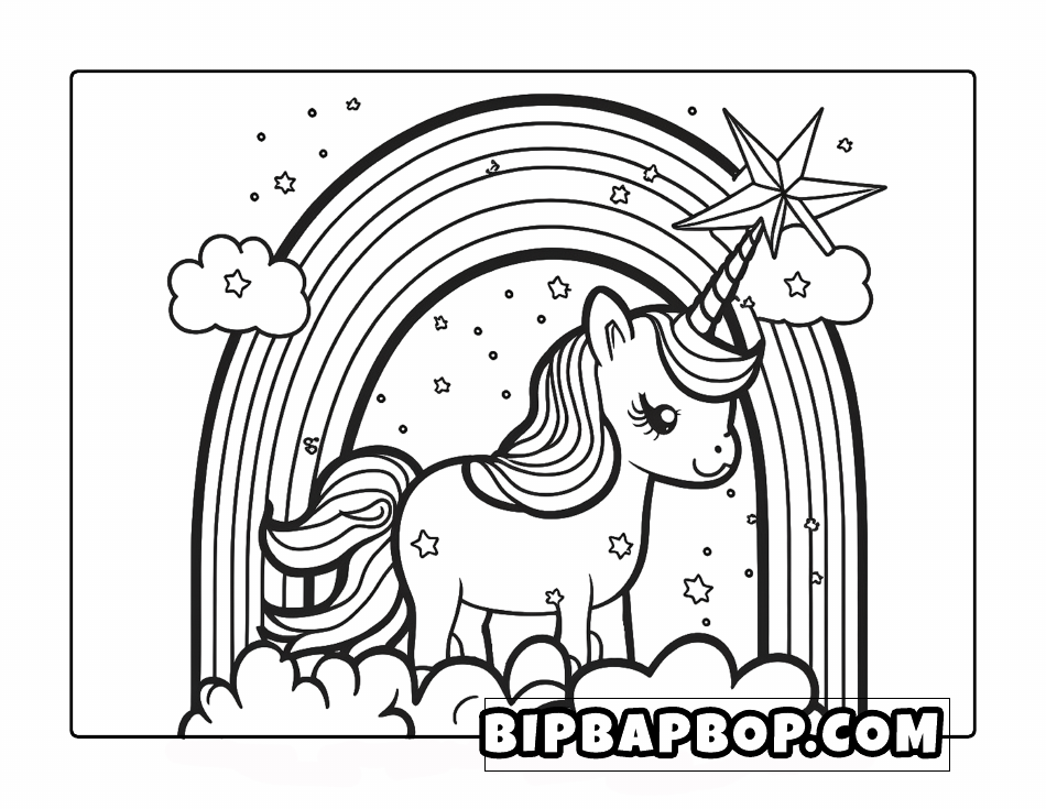 Cute Unicorn Standing by Rainbow Coloring Page, Page 1