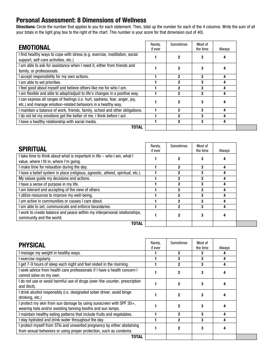 8 Dimensions of Wellness Personal Assessment Worksheet, Page 1