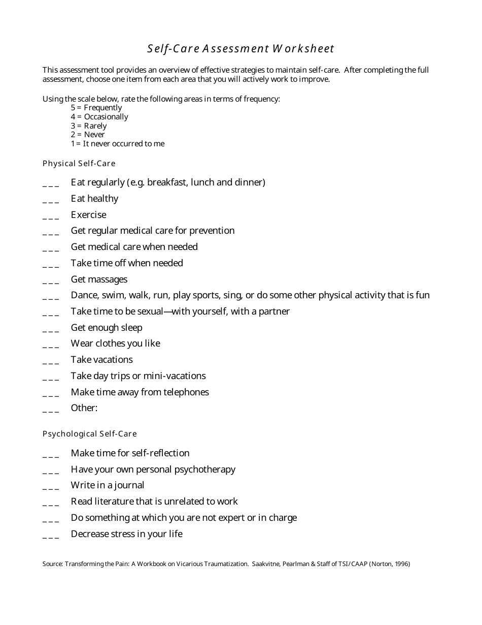Self-care Assessment Worksheet - Transforming the Pain: a Workbook on Vicarious Traumatization, Page 1