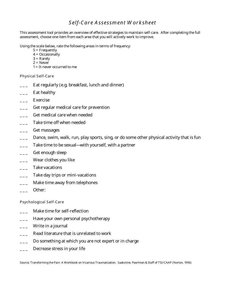 Self-care Assessment Worksheet - Transforming the Pain: a Workbook on ...