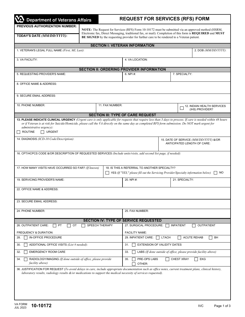 VA Form 10-10172 Request for Services (Rfs) Form, Page 1