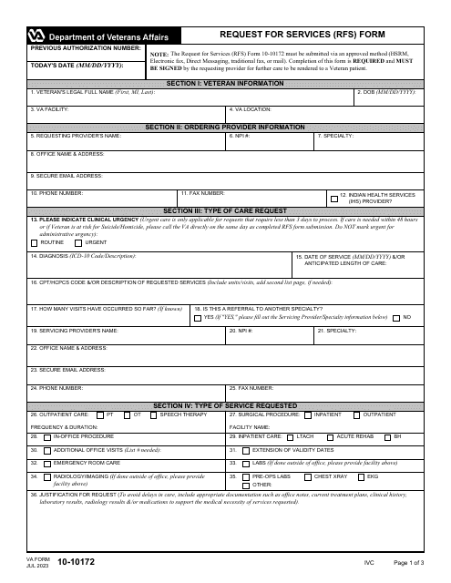 VA Form 10-10172 Request for Services (Rfs) Form