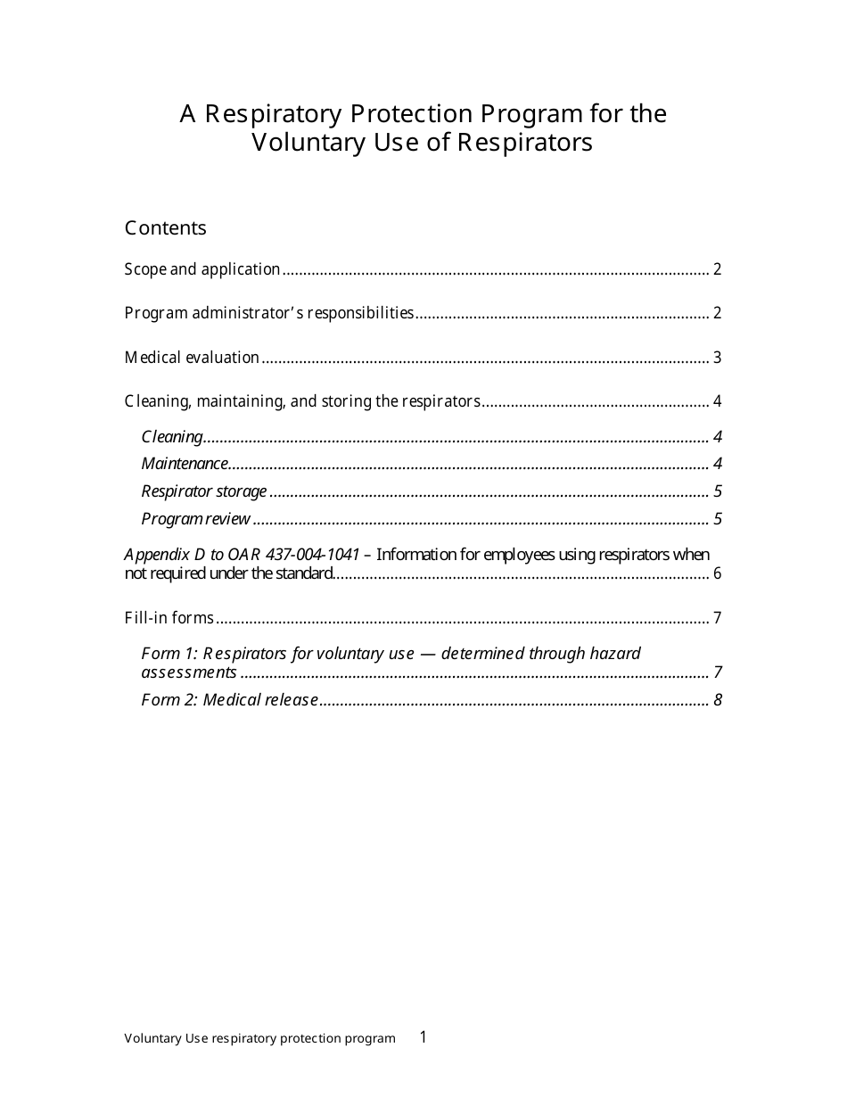 Respiratory Protection Program for the Voluntary Use of Respirators - Oregon, Page 1